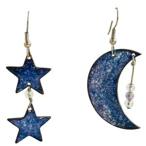 VTG Rustic crescent‎ moon star earrings pierced chunky copper dangle enamel 80s